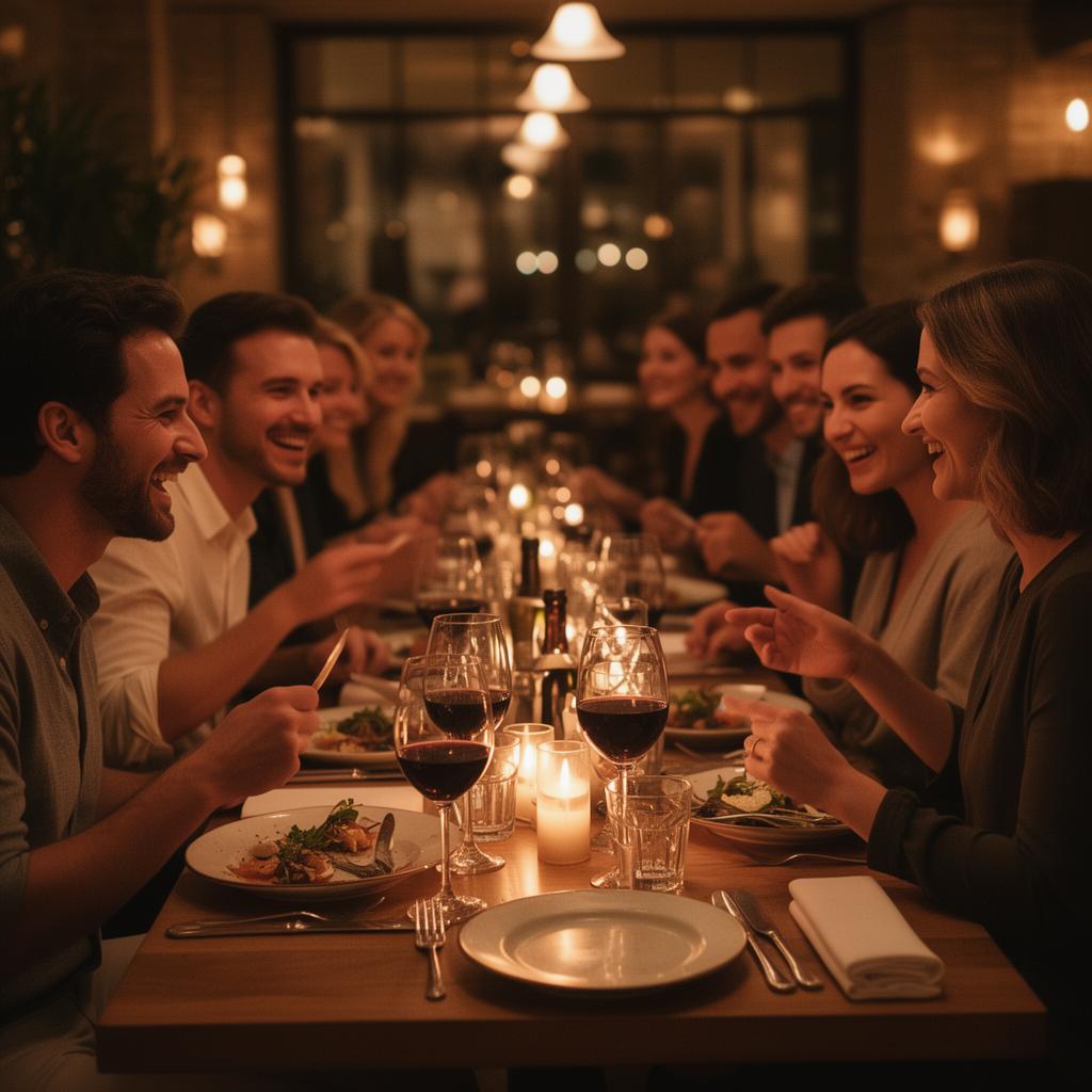Restaurant guests laughing and dining together at a candlelit table
